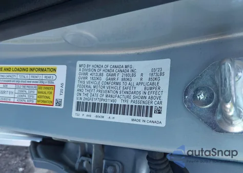 2023 Honda Civic Ex /Ex W/O Bsi z USA, uszkodzony, nr VIN 2HGFE1F70PH311490